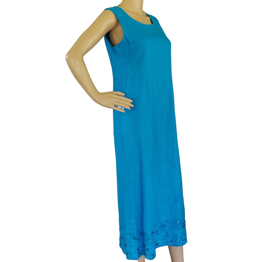 Vintage Sag Harbor Linen Dress Women's 6P Sleeveless Midi Blue Beads & Sequins